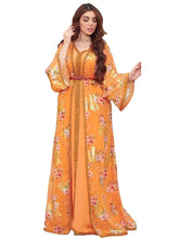 Djellaba Marocaine Two Piece Muslim Dress Chiffon Print Belted Kaftan Ramadan Gown Abayas Islamic Cloth Turkish Women Clothes orange abaya